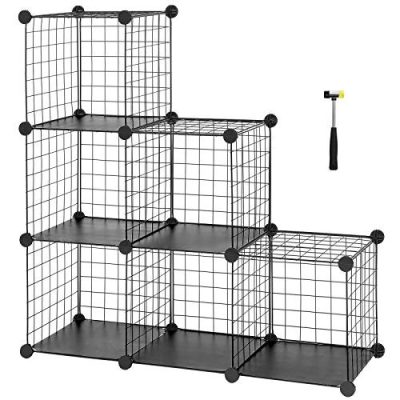 Tárolóállvány, 6 rekeszes polcos egység fémhálós polcokkal, fekete