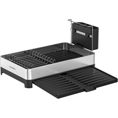 Edényszárító állvány evőeszköztartóval, bővíthető, rozsdamentes acél, ezüst-fekete