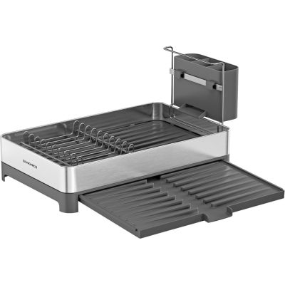 Edényszárító állvány evőeszköztartóval, bővíthető, rozsdamentes acél, ezüst-szürke