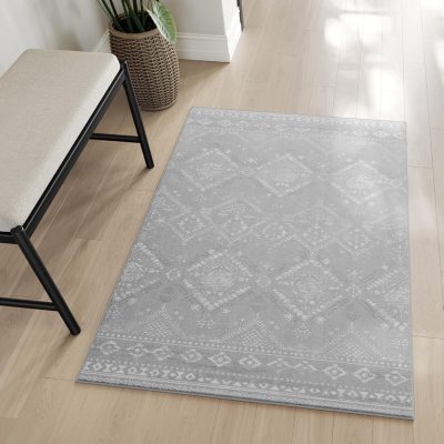 Szőnyeg, 80 x 150 cm-es hálószoba szőnyeg, mosógépben mosható, boho stílusú, szürke