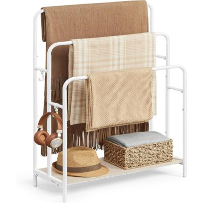 Álló törülközőtartó 3 sínnel 70 x 100 x 30 cm ruhatartó, 2 kampós polc, fehér