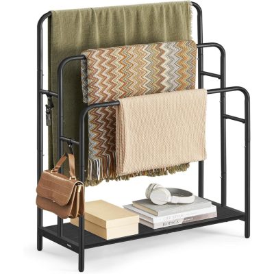 Álló törülközőtartó 3 sínnel 70 x 100 x 30 cm ruhatartó, 2 kampós polc, fekete