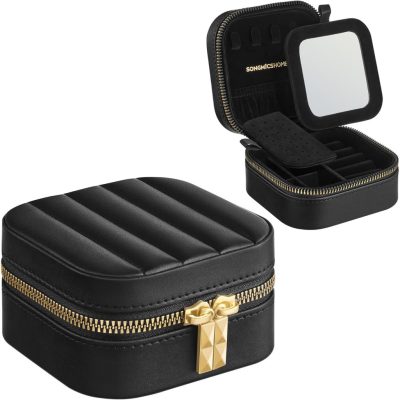 Utazó ékszertok, kis ékszerdoboz-rendező tükörrel, fekete