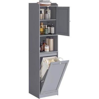 Magas fürdőszobai szekrény szennyeskosárral, tárolóegységgel, szürke
