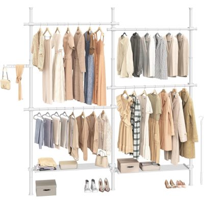 Teleszkópos ruhatartó, 3 szintes ruhafogas, állítható magasságú és szélességű, fehér