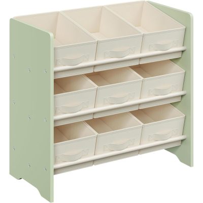 Gyerek játéktároló polc, 9 szövet tárolódobozzal, 29,5 x 62,5 x 60 cm, babér zöld