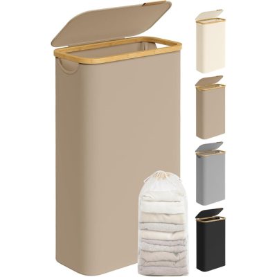 Szennyeskosár fedővel, keskeny szennyes tároló, 65 L, 42 x 22,5 x 70,5 cm, Tevebarna