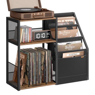 Lemezjátszó állvány, 3 szintes, vinyl lemezek tárolására, rusztikus barna