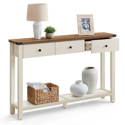 Keskeny konzolasztal 3 fiókkal és nyitott polccal, vidéki stílusban