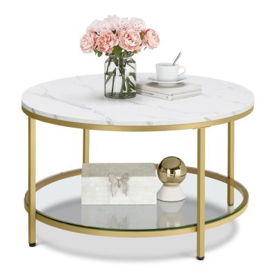 Kerek műmárvány nappali asztal tárolós polccal, modern stílusban, 80 cm átmérő