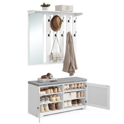 Cipőtartó pad tükörrel, 8 akasszal, állítható polcos, levehető ülőpárnával