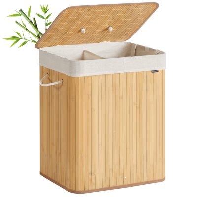 Bambusz Szennyeskosár, 2 rekeszes, 120 literes, összecsukható, természetes színben