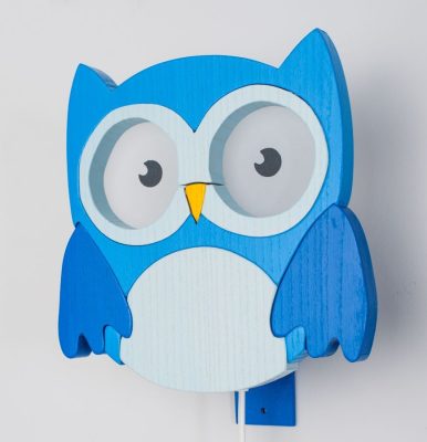 Bagoly kék falilámpa - gyereklámpa fából