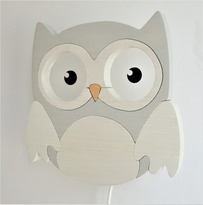 Bagoly falilámpa, szürke/fehér - gyereklámpa fából 