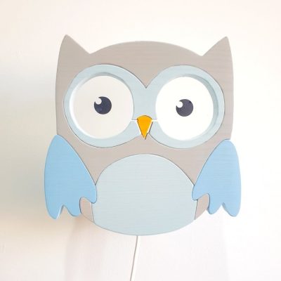 Bagoly fali lámpa, szürke/kék - gyereklámpa fából