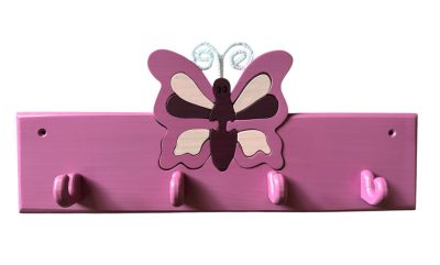 4 akasztós gyermek fogas, fából , bevágott dísszel - lila pillangó