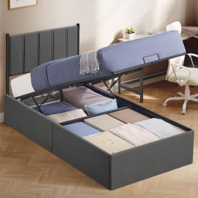 Ágykeret, ágy, 90 × 200 cm, felhajtható ágyrács, sötétszürke