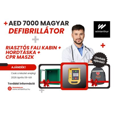 Defibrillátor csomag: AED 7000 magyar defibrillátor+ Riasztós fali kabin+ Hordtáska + CPR maszk