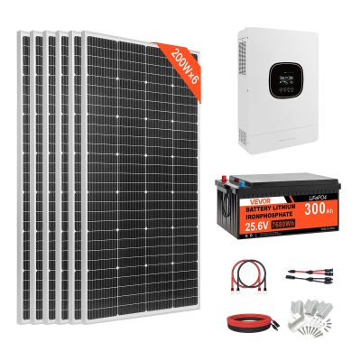 24V 1200W off-grid komplett napelem rendszer 6x200W panel, akkumulátorral 3600W hibrid inverterrel