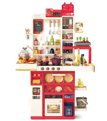 Mama Kiddies Interaktív "Spraying Kitchen" Játékkonyha – 121 darabos készlet,103 cm magas fény- és hangeffektekkel piros színben