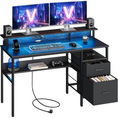 Íróasztal LED világítással és fiókokkal, 55 x 135 x 90 cm, fekete