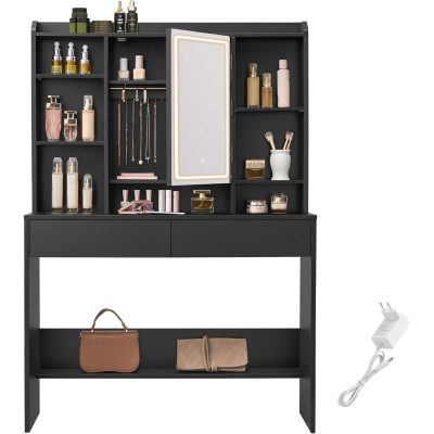 VASAGLE LED-es fésülködőasztal, 3 fényerőmód, tükörrel és 2 fiókkal, éjfekete