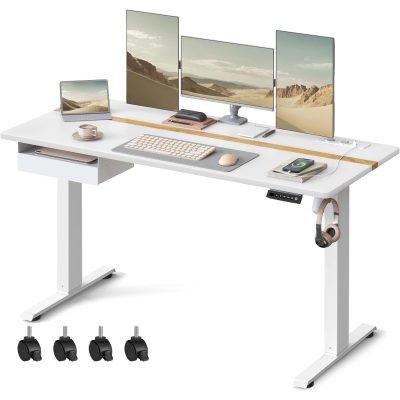 Elektromosan állítható magasságú íróasztal, 160 x 70 cm, fehér–arany tölgy színben