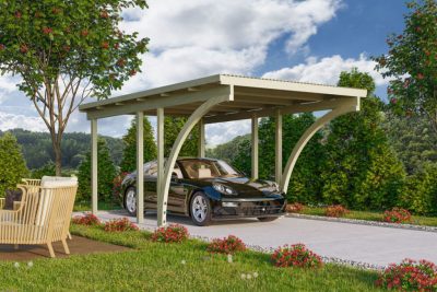 Karibu Basic 1. egyállásos fa autóbeálló, fedett kocsibeálló, boltíves bejárattal, 268 cm x 387 cm