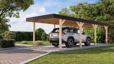 Karibu Nordic 2. egyállásos autóbeálló, fedett kocsibeálló, laminált fa, 312,5 cm × 724 cm