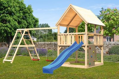 Karibu Luis 2. Játszótorony kék csúszdával, dupla hintával, mászókával, mászófallal, létrával