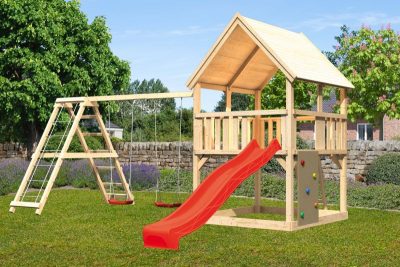 Karibu Luis 2. Játszótorony piros csúszdával, dupla hintával, mászókával, mászófallal, létrával