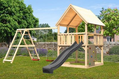 Karibu Luis 2. Játszótorony antracit csúszdával, dupla hintával, mászókával, mászófallal, létrával