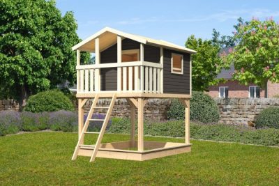 Karibu Benjamin cölöpös fa játszóház létrával, kültéri kerti játszóház, Terragrau színben