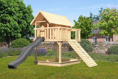 Karibu Fidel 1. cölöpös fa játszóház létrával, kültéri kerti játszóház, antracit csúszdával, fa rámpával