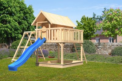 Karibu Fidel 2. cölöpös fa játszóház létrával, kültéri kerti játszóház, kék csúszdával, dupla hintával, mászókával