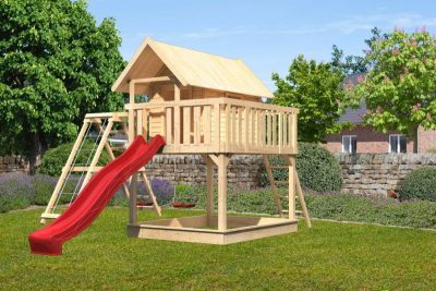 Karibu Fidel 2. cölöpös fa játszóház létrával, kültéri kerti játszóház, piros csúszdával, dupla hintával, mászókával
