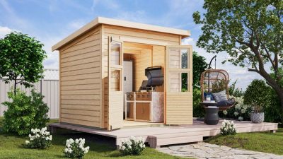 Karibu Merseburg 4. fa kerti tároló, fészer, modern tetővel, natúr fából 212 cm x 214 cm