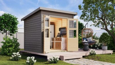 Karibu Merseburg 4. fa kerti tároló, fészer, modern tetővel, szürkére festett fából, 212 cm x 214 cm 