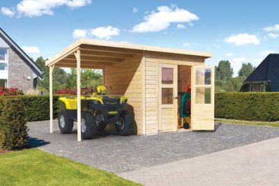 Karibu Merseburg 4. fa kerti tároló, fészer, tetővel és bővítménnyel/terasszal, modern dizájnnal, natúr fából 370 cm x 214 cm
