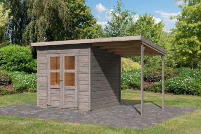 Karibu Merseburg 4. fa kerti tároló, fészer, tetővel és bővítménnyel/terasszal, modern dizájnnal, szürkére festett fából 370 cm x 214 cm