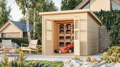 Karibu Merseburg 5. fa kerti tároló, fészer, modern tetővel, natúr fából 242 cm x 214 cm