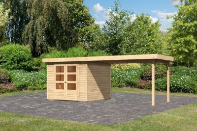 Karibu Askola 3.5 Lapostetős kerti ház, kerti tároló, bővítménnyel/terasszal, natúr fából 497 cm x 246 cm