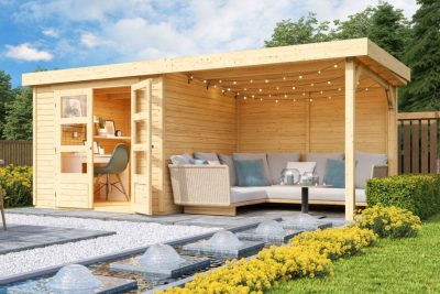 Karibu Askola 3.5 Lapostetős kerti ház, kerti tároló, hátfallal rendelkező bővítménnyel/terasszal, natúr fából 497 cm x 246 cm