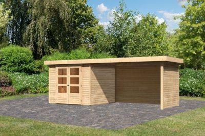 Karibu Askola 3.5 Lapostetős kerti ház, kerti tároló, oldal- és hátfallal rendelkező bővítménnyel/terasszal, natúr fából 497 cm x 246 cm
