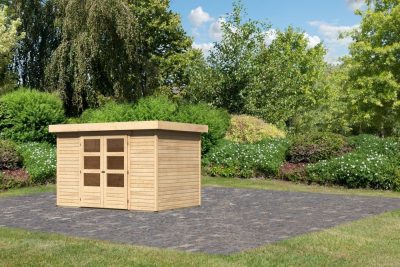 Karibu Askola 4. Lapostetős kerti ház, kerti tároló, natúr fából 302 cm x 217 cm