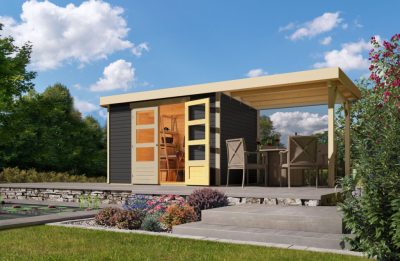 Karibu Askola 4. Lapostetős kerti ház, kerti tároló, bővítménnyel/terasszal terra szürke színű fából 522 cm x 217 cm