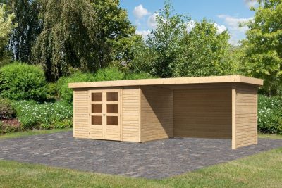 Karibu Askola 5. Lapostetős, nagyméretű kerti ház, kerti tároló, oldal- és hátfallal rendelkező bővítménnyel/terasszal, natúr fából 557 cm x 246 cm