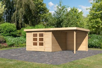 Karibu Askola 6. Lapostetős, nagyméretű kerti ház, kerti tároló, hátfallal rendelkező natúr fából 522 cm x 306 cm