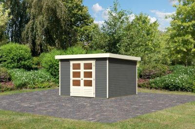 Karibu Askola 6. Lapostetős, nagyméretű kerti ház, kerti tároló, terra szürke színű fából 302 cm x 306 cm