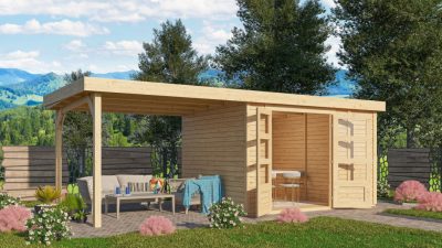 Karibu Retola 4. Lapostetős nagyméretű kerti ház beépített oldalsó tárolóval, bővítménnyel/terasszal, natúr fából 572 cm x 246 cm